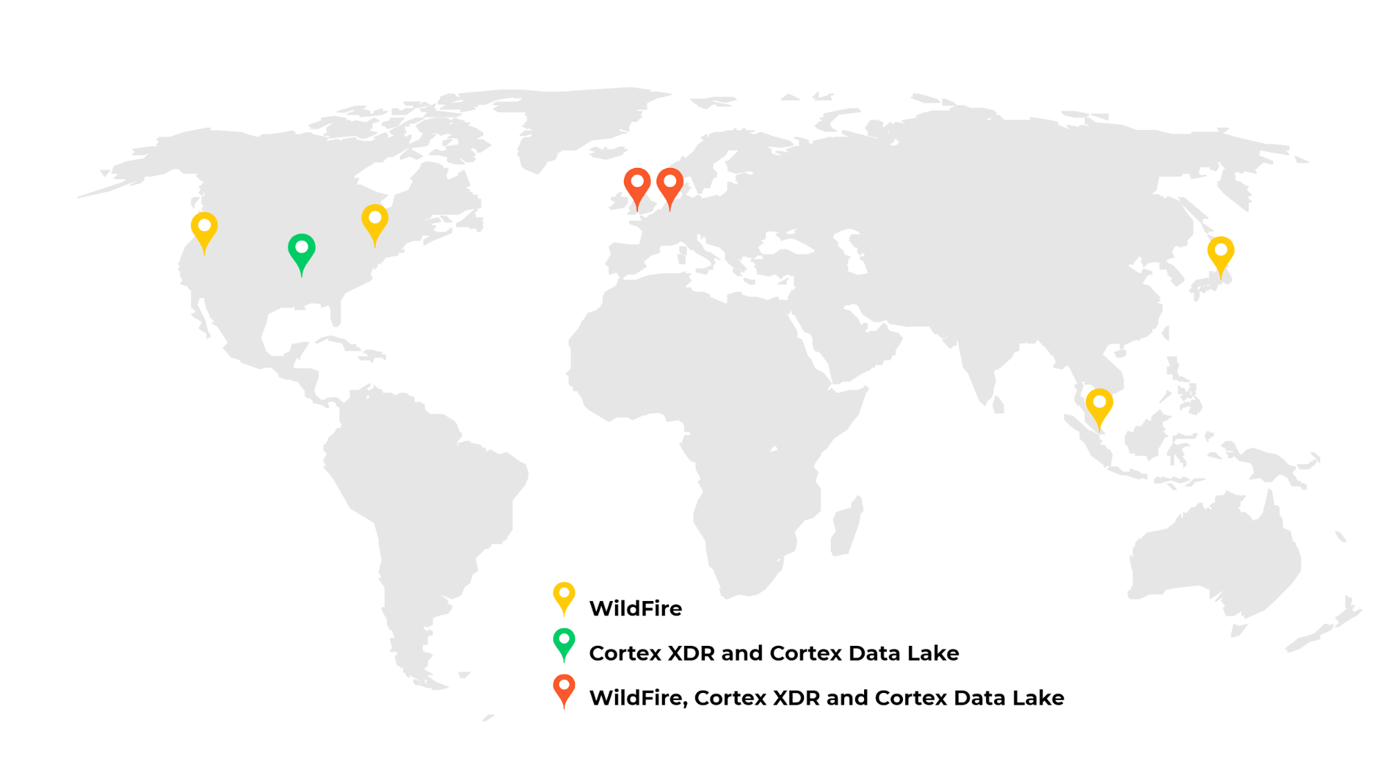 A new cloud hosting location in the UK augments locations in the United States, European Union and Asia. The map shows the locations of cloud hosting for WildFire, Cortex XDR and Cortex Data Lake. 
