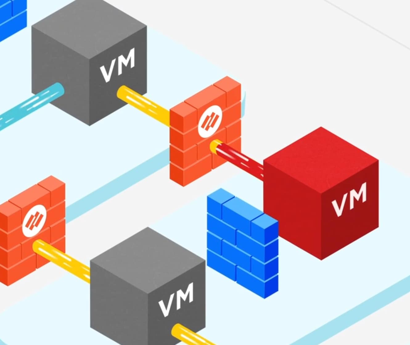 The color red indicates an infected virtual machine and its workload. The graphic represents the VM-Series virtual firewall blocking the infection. 
