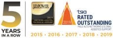 This image shows the emblems Palo Alto Networks earned from J.D. Power and TSIA for outstanding assisted support for five years in a row. 