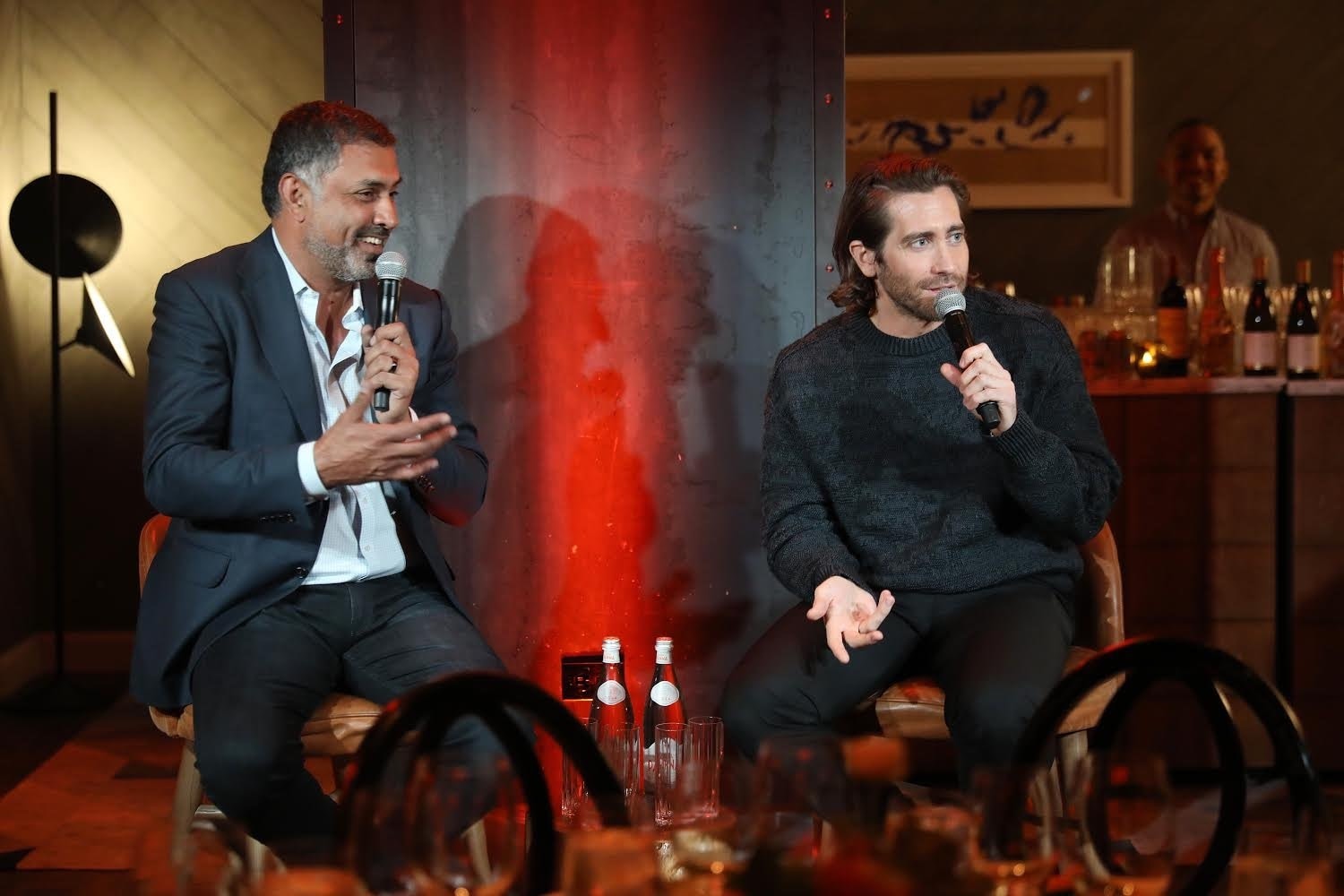 Palo Alto Networks CEO and chairman Nikesh Arora speaks with actor Jake Gyllenhaal at the Palo Alto Networks Experience.