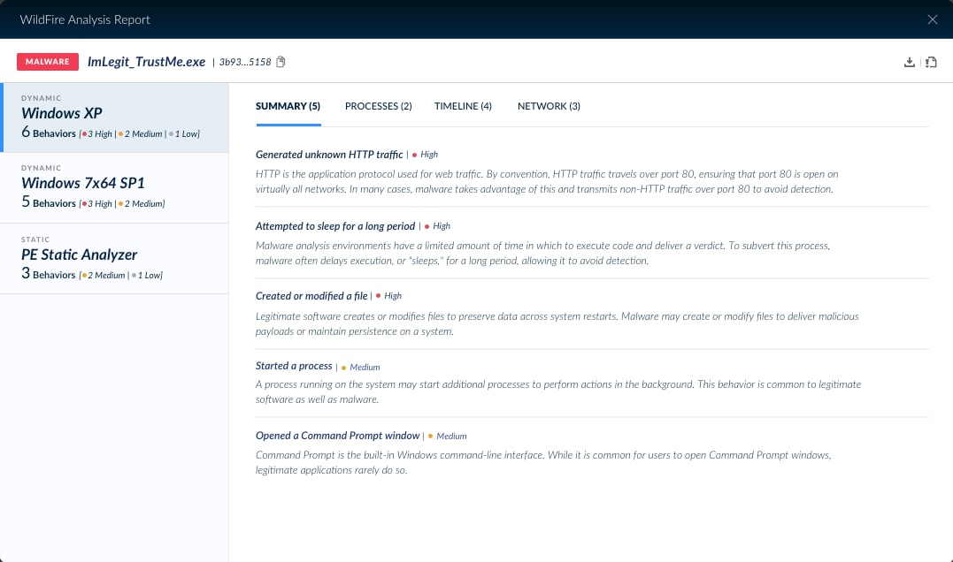 This screenshot shows the Wildfire Analysis Report, which is now better integrated with the Cortex XDR management console.