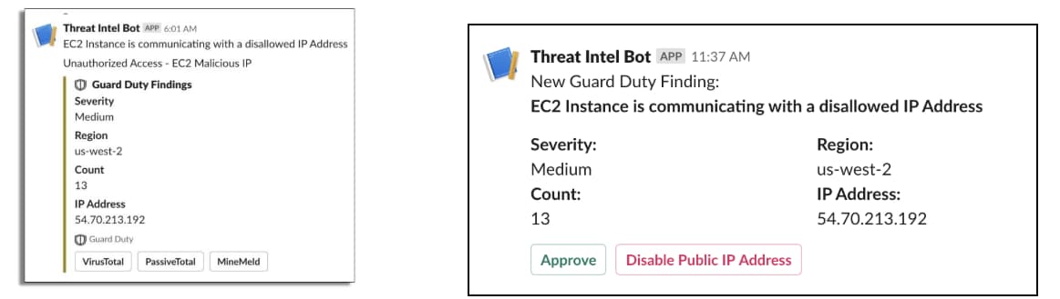 This screenshot shows examples of how a threat intelligence bot would appear when providing threat intelligence. 