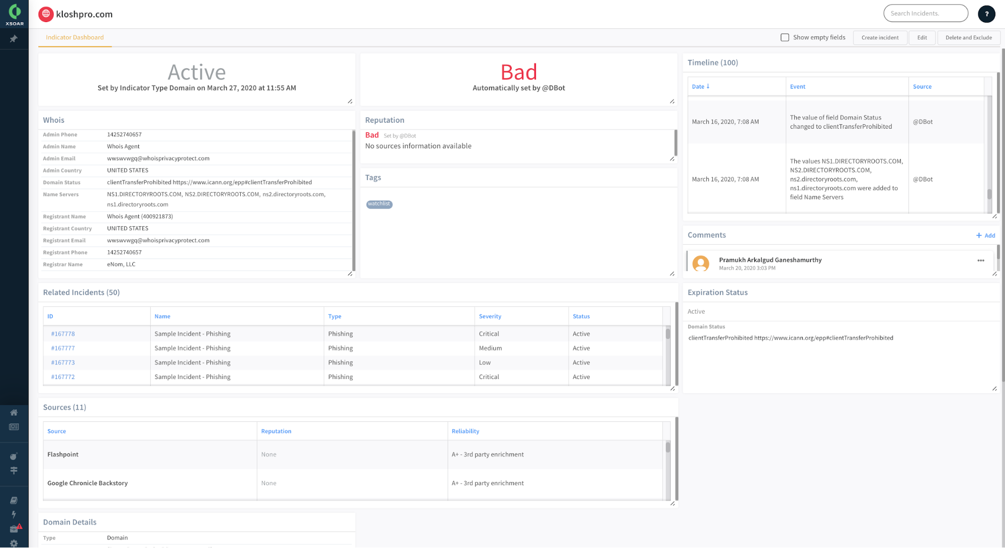 This screenshot shows how Cortex XSOAR assists with threat intel management by automatically annotating individual indicator data based on playbook actions. 