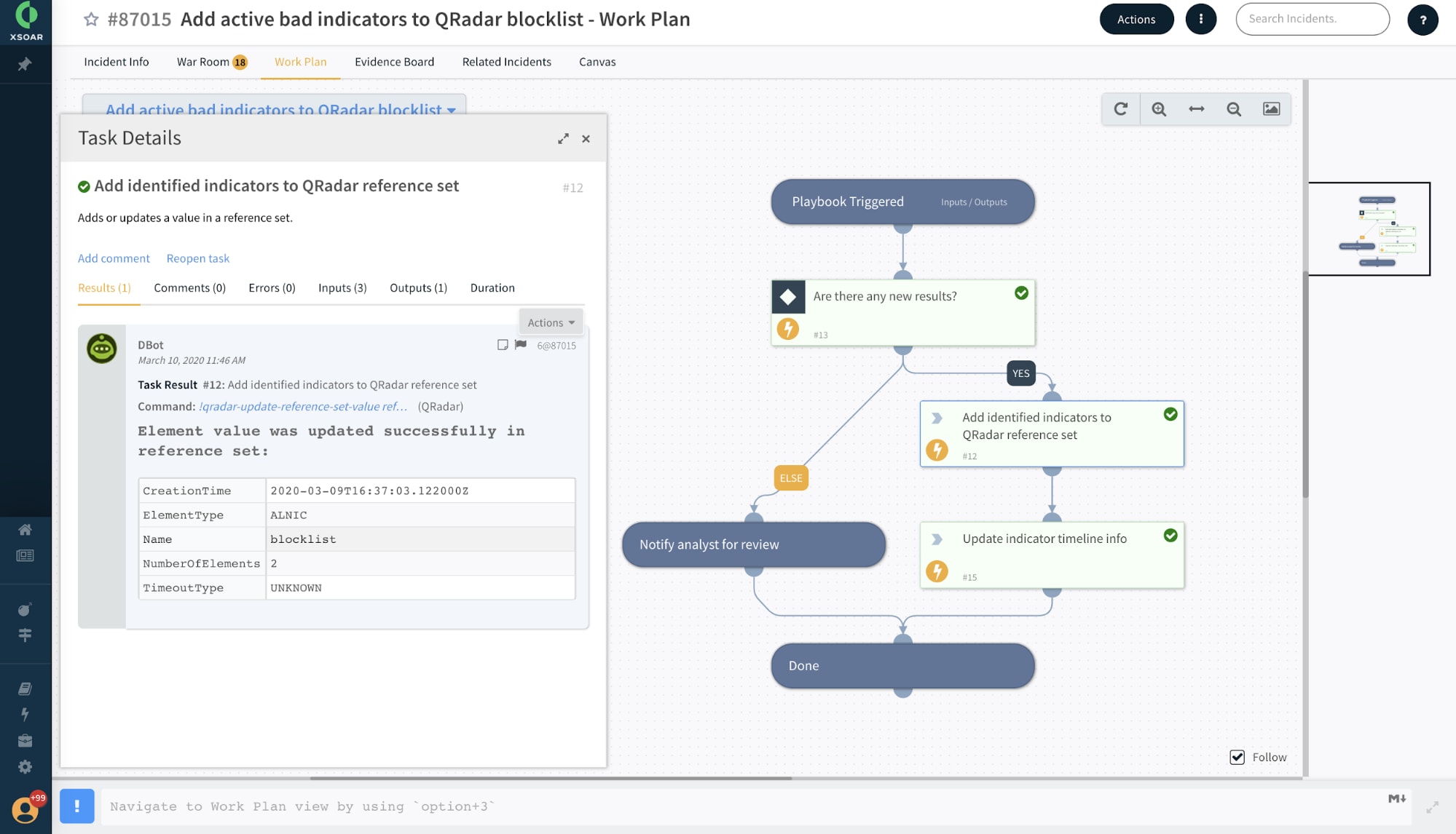 This screenshot shows how Cortex XSOAR can help manage blocklists, in this case through the example of a Work Plan, "Add active bad indicators to QRadar blocklist." 