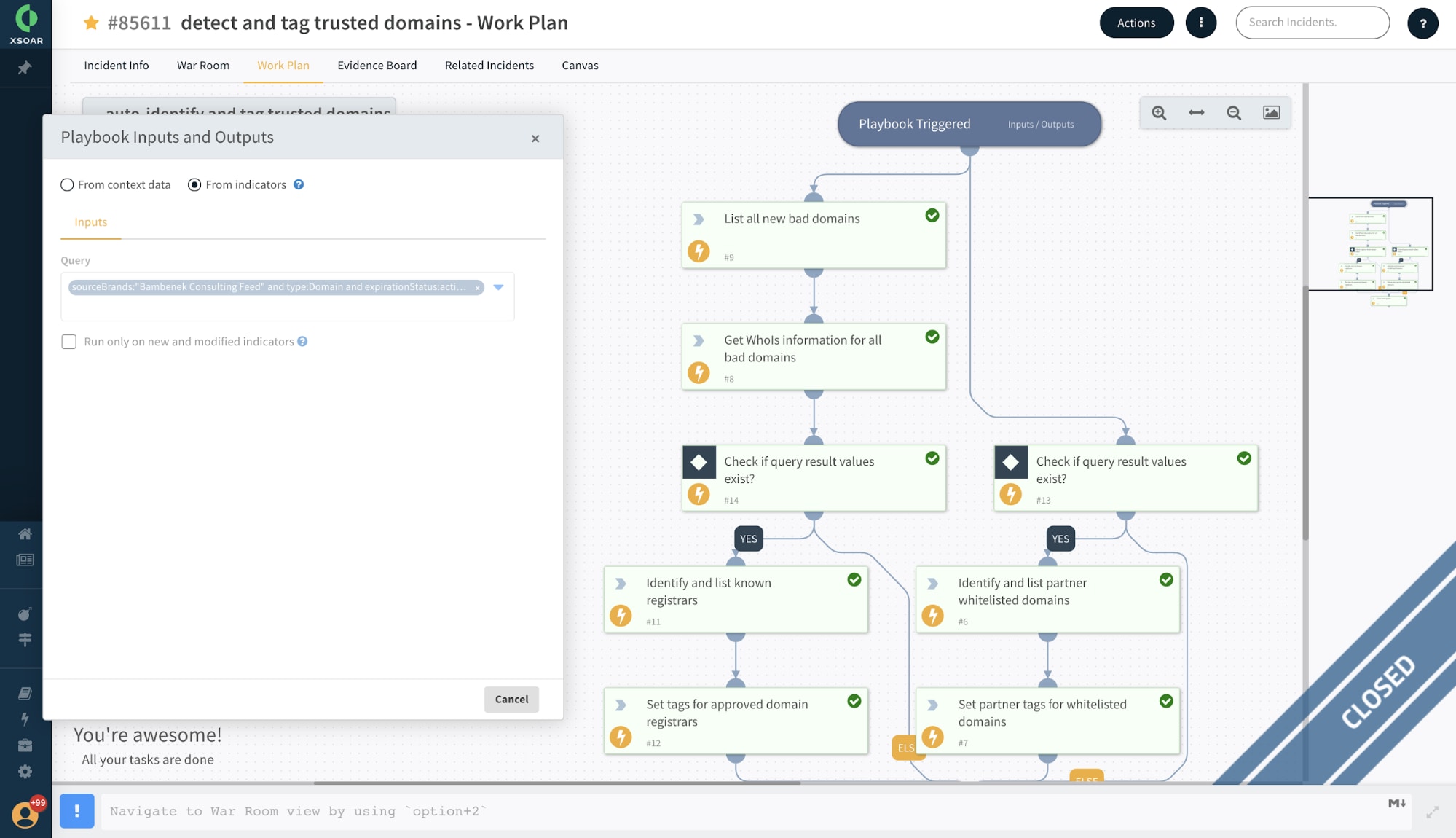 This screenshot shows an example of a Work Plan in Cortex XSOAR, focused in this case on detecting and tagging trusted domains.