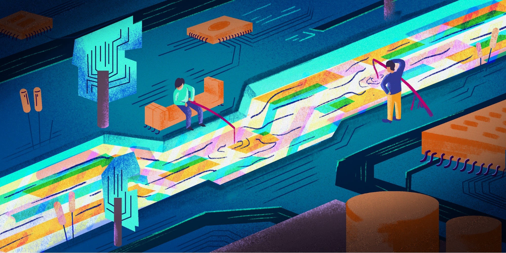 This conceptual image illustrates the concept of network traffic analysis and threat detection, showing data flowing past two analysts.