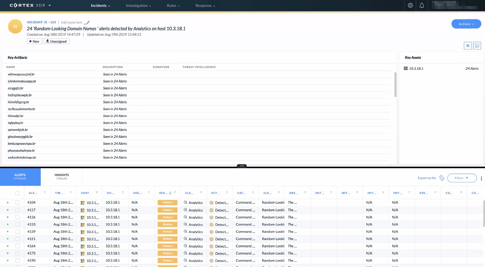 This screenshot shows how Cortex XDR identified malware attempting to use random domain names to communicated with its command and control server on the internet. 