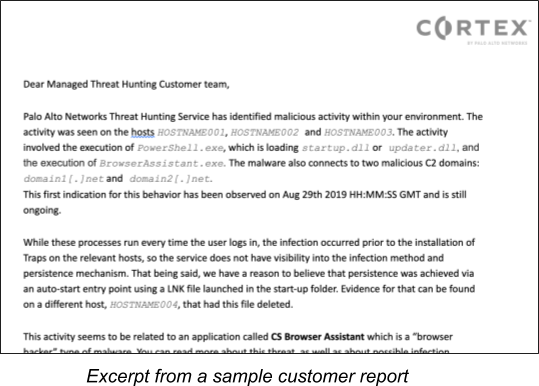 次のスクリーンショットは、顧客レポートのサンプルからの抜粋で、Cortex XDR Managed Threat Huntingに参加した企業が調査結果に関する情報をどのように受け取るかを示しています。 