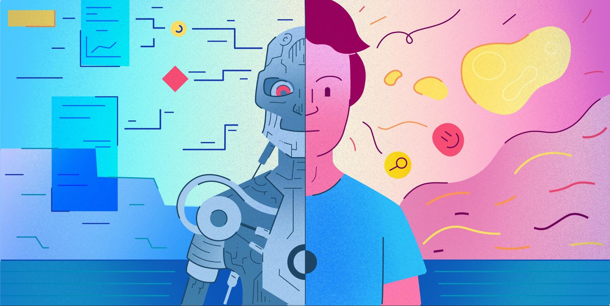 This conceptual illustration shows the combination of human intuition and AI, a robotic analyst on one side and a human analyst on the other.