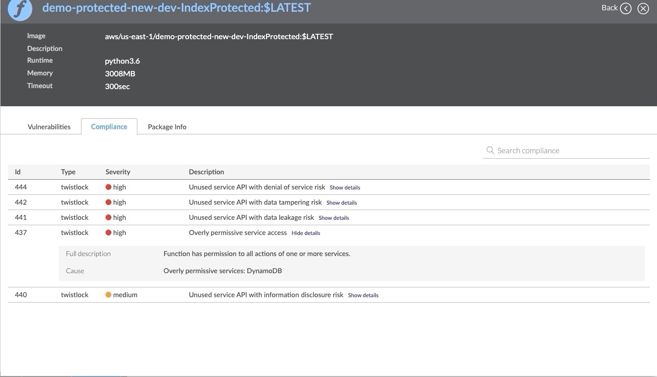 This screenshot shows how Prisma Cloud would flag a case in which a Lambda function has greater permissions than it actually needs, and this triggers a compliance violation