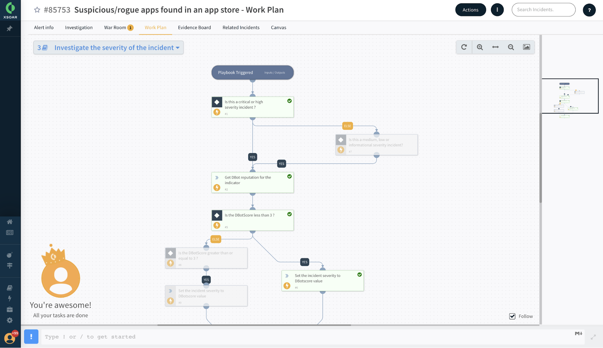 This screenshot shows an example of a Work Plan in Cortex XSOAR, focused in this case on Suspicious/rogue apps found in an app store. 