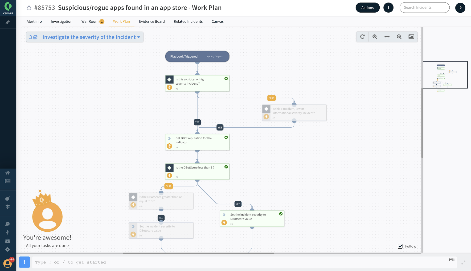 This screenshot shows an example of a Work Plan in Cortex XSOAR, focused in this case on Suspicious/rogue apps found in an app store.