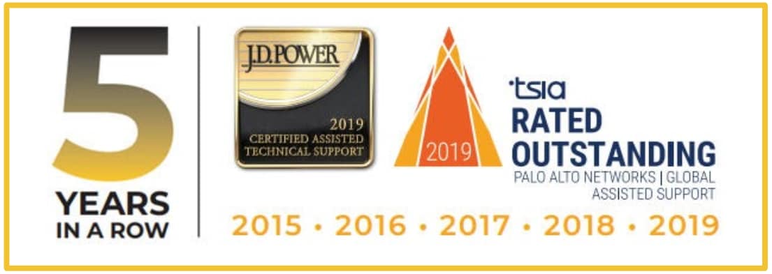 Palo Alto Networks has achieved certification for Rated Outstanding Assisted Support for five consecutive years from the J.D. Power Certified Assisted Technical Support Program. The image shows the five years from 2015-19, as well as the logos for J.D. Power and the Technology Services Industry Association, which jointly developed the certification. 