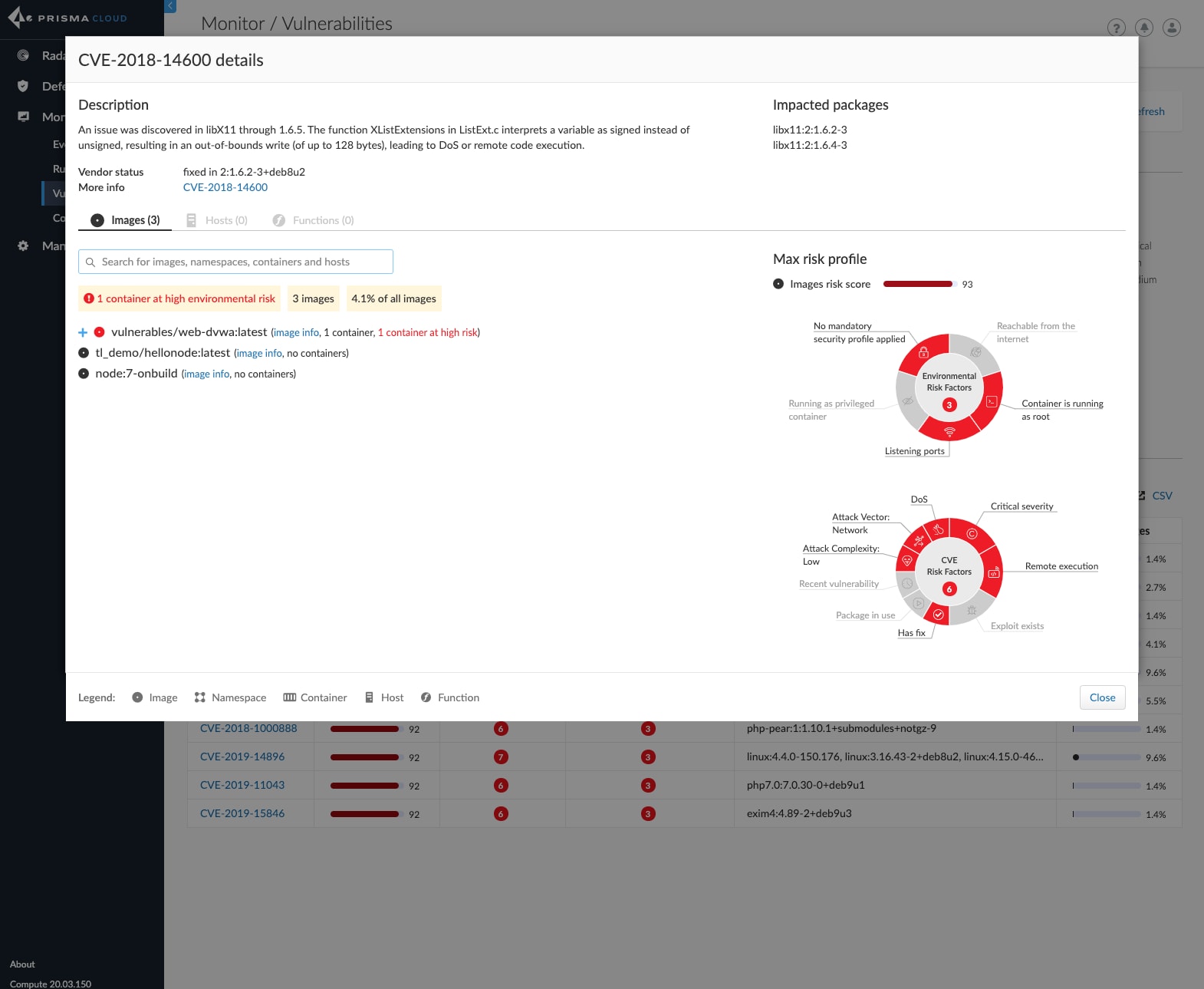 A screenshot showing how users of Prisma Cloud can now see a specific CVE spanning each compute type in a single window with an improved risk tree. 