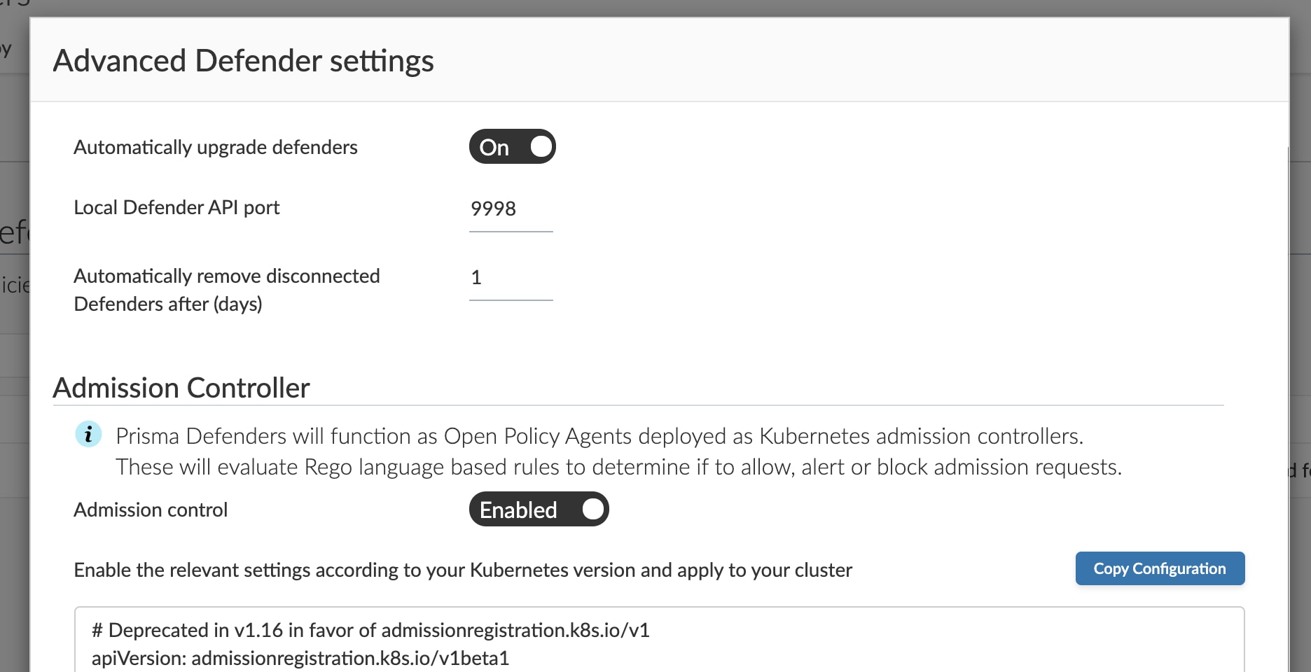 A screenshot showing Advanced Defender settings in Prisma Cloud. 