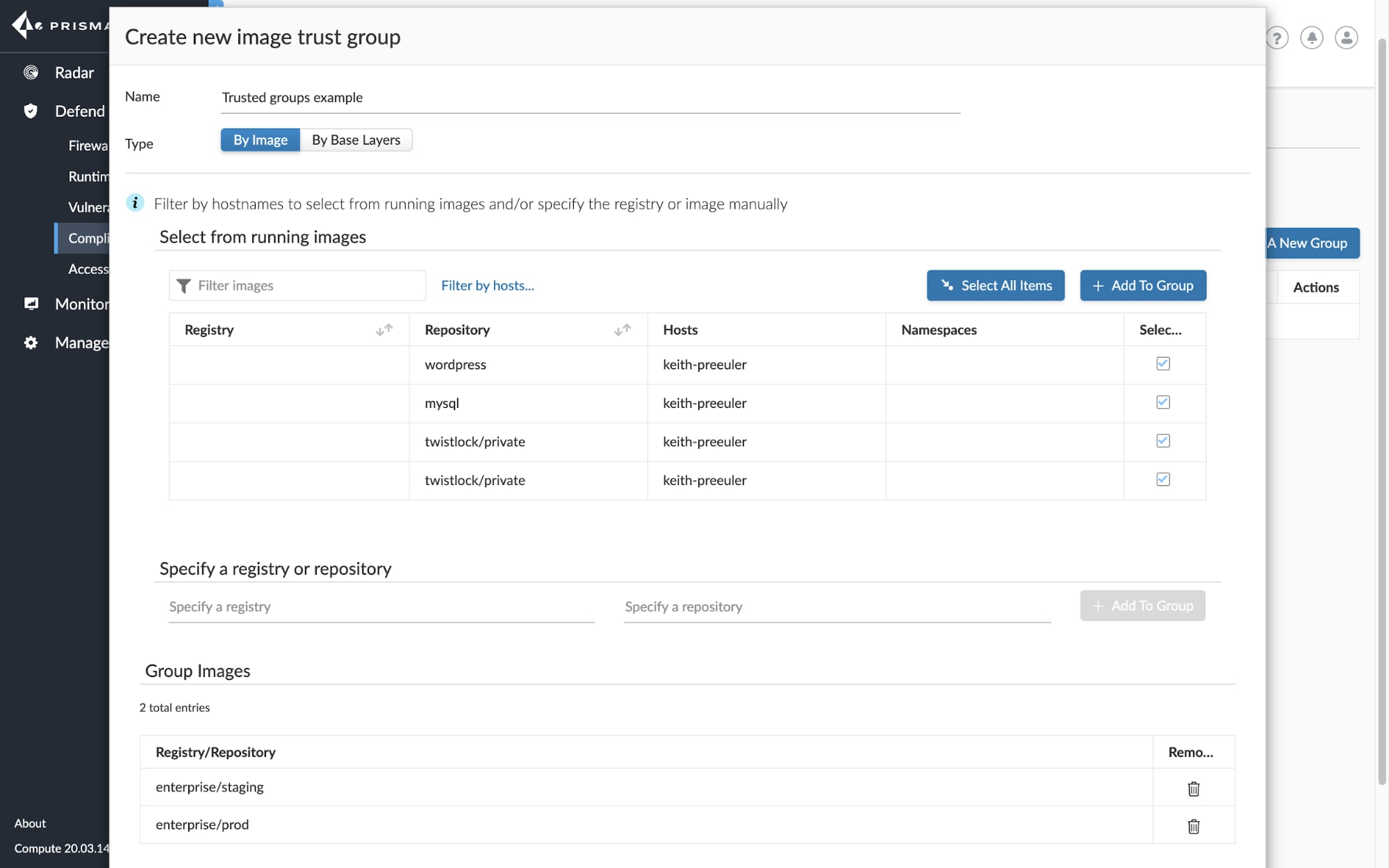 A screenshot showing how to create a new image trust group in Prisma Cloud. 