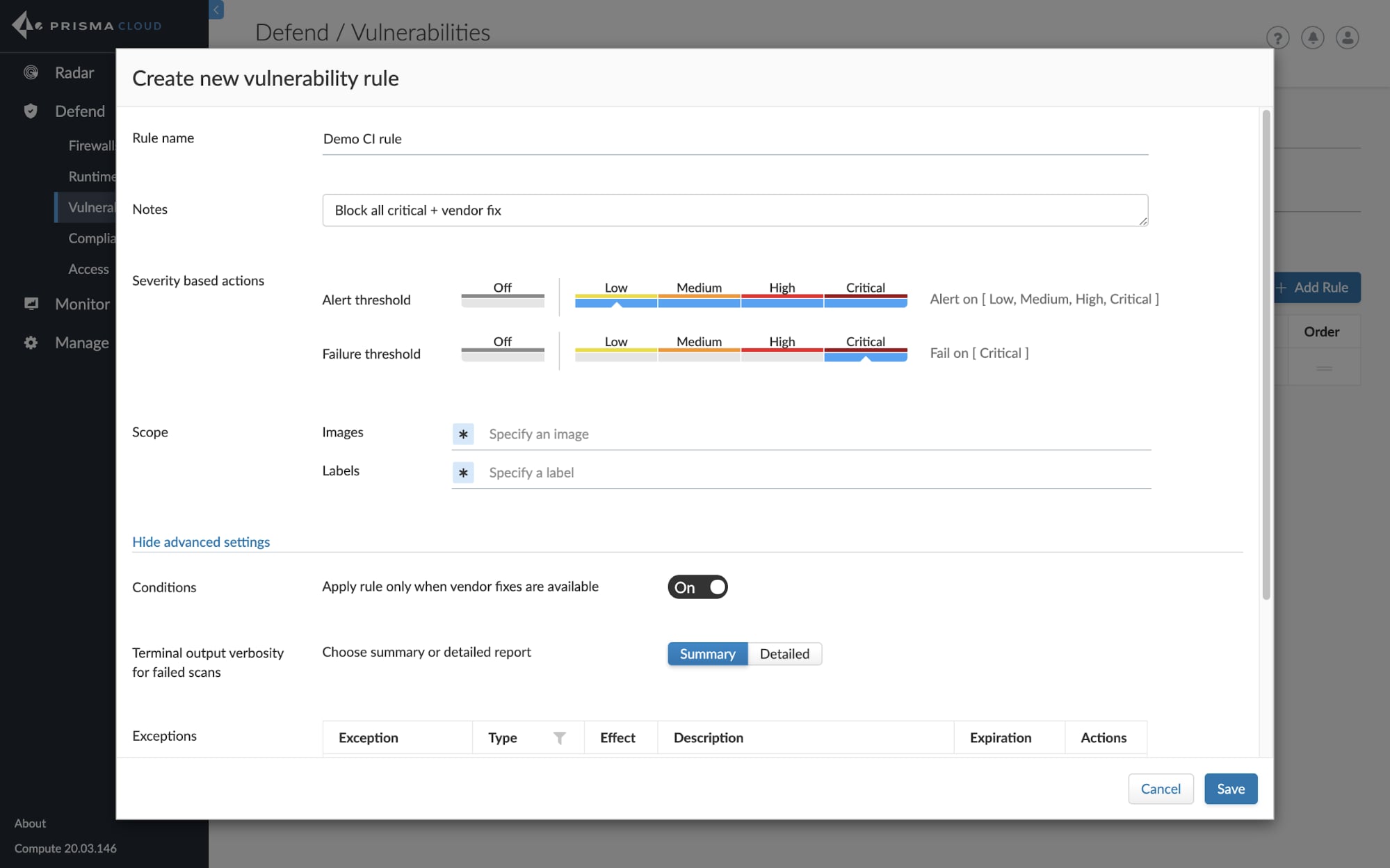 A screenshot showing how to create a new vulnerability rule in Prisma Cloud. 