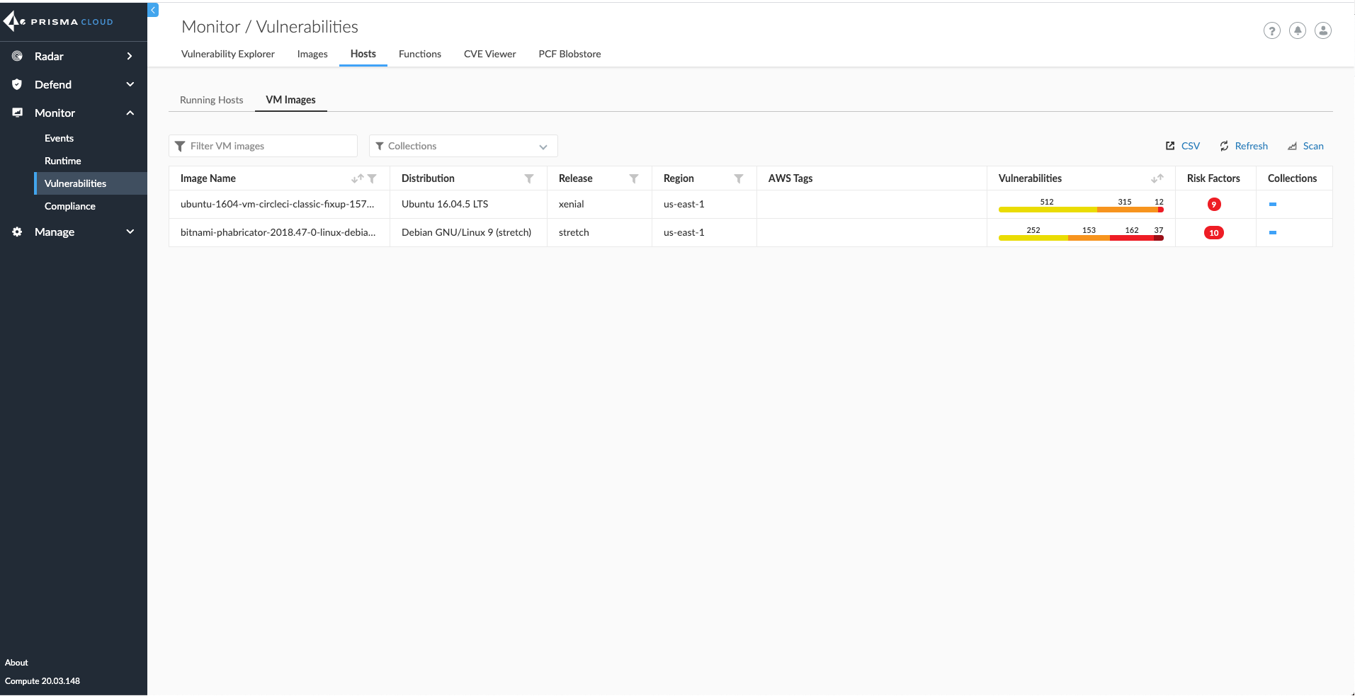 A screenshot showing how Prisma Cloud is improving host security with AMI scanning.