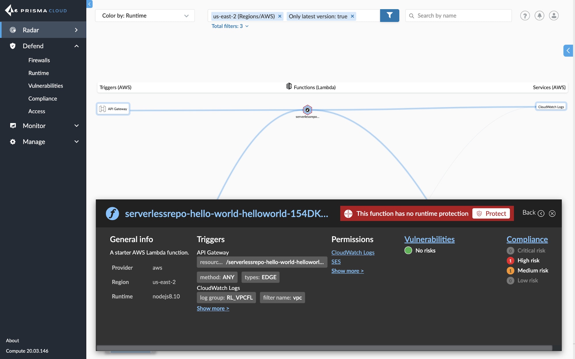 A screenshot showing Prisma Cloud's expanded serverless security capabilities. 