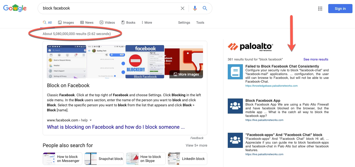 This screenshot illustrates the difference between standard Google search results and targeted results from the Palo Alto Networks Google Search Extension. 