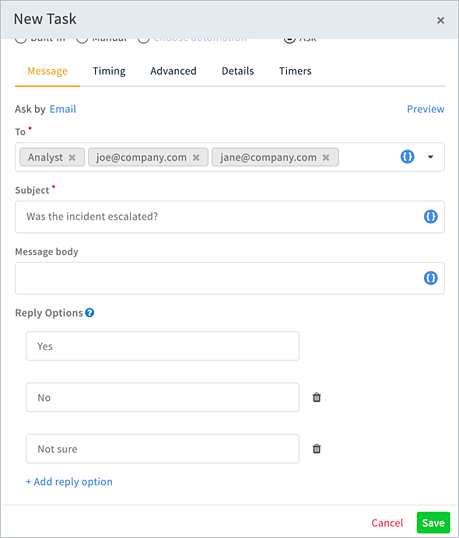 This screenshot shows how you can create Ask Tasks in Cortex XSOAR. These micro-surveys can be used as a crisis management tool when managing a remote SOC.