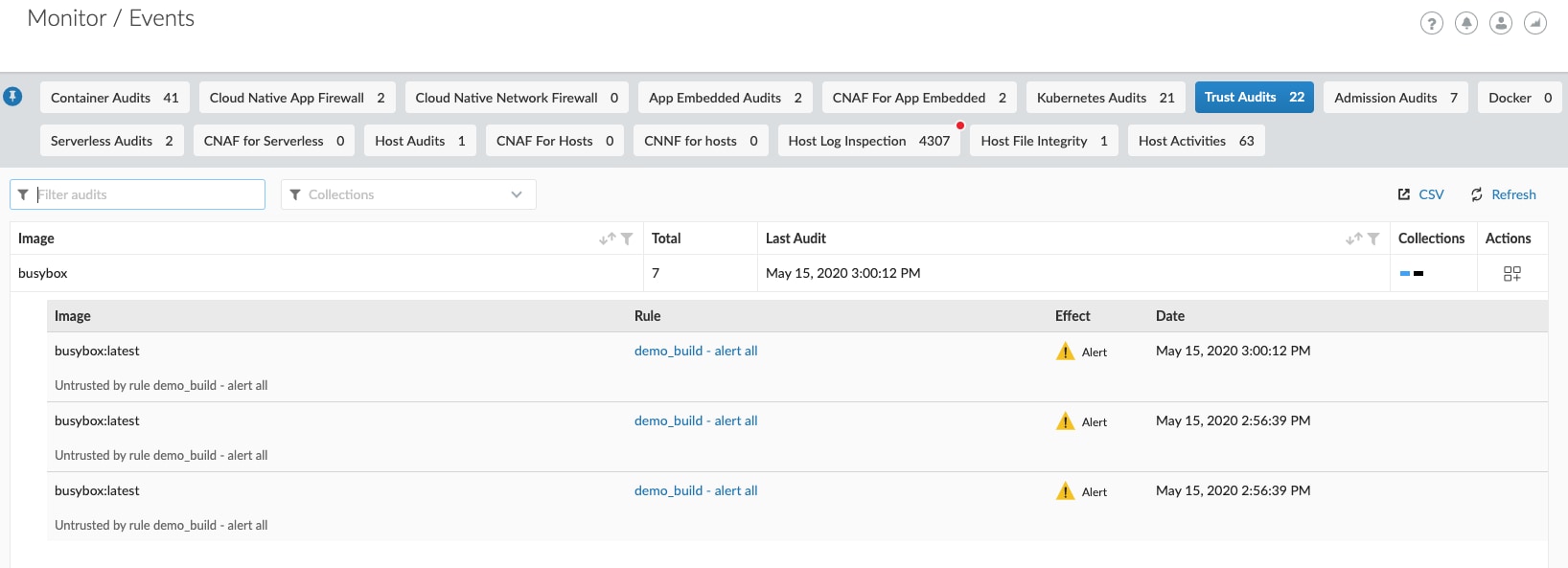 The screenshot shows a BusyBox alert in response to a container image not adhering to the established trust rule.