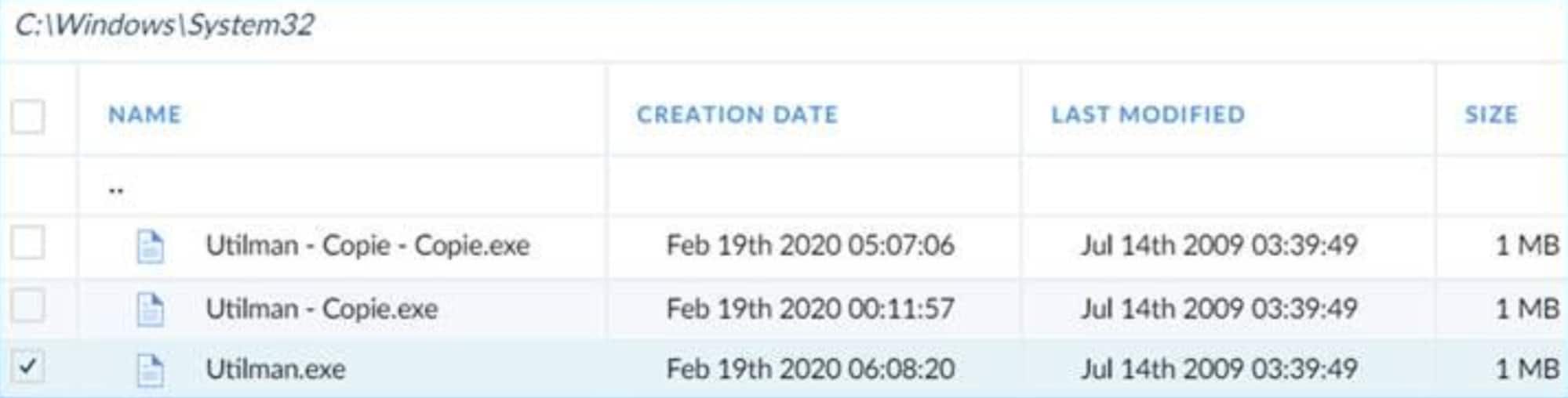 This screenshot shows a record of Utilman.exe being modified to allow escalated privileges.