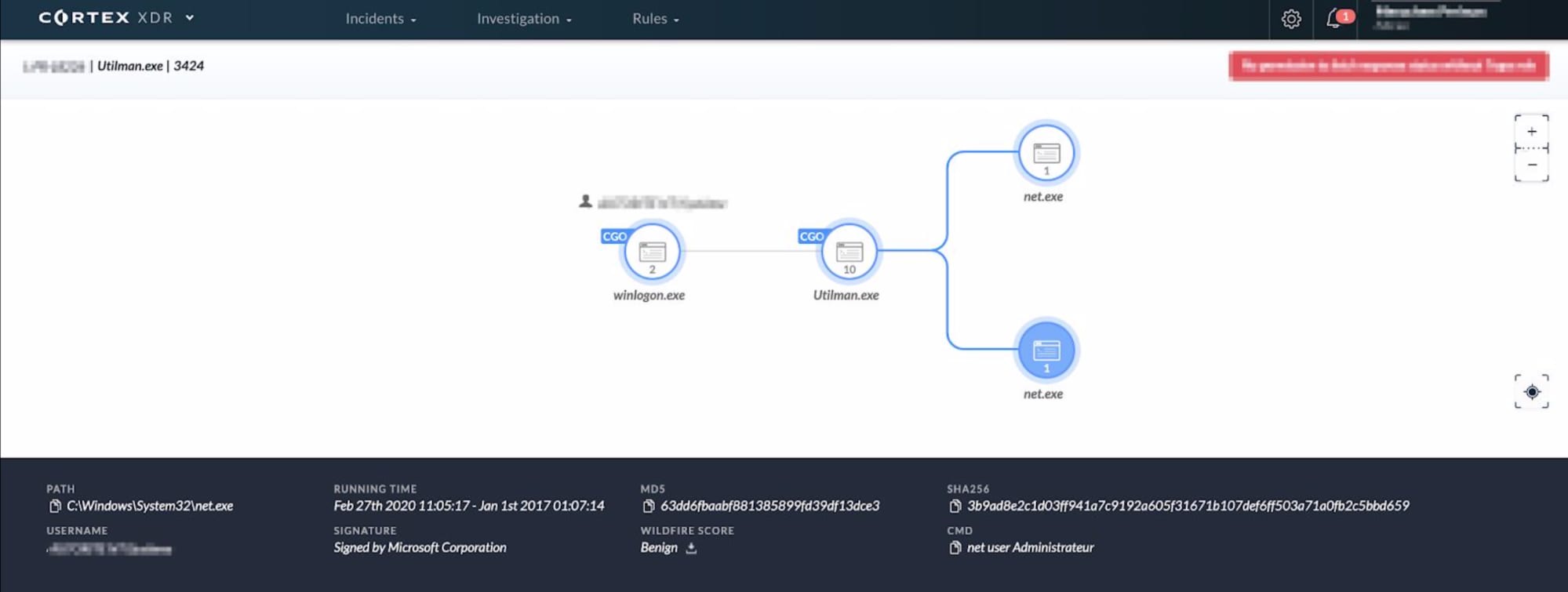 Cortex XDR’s root cause analysis screen showing the affected laptop