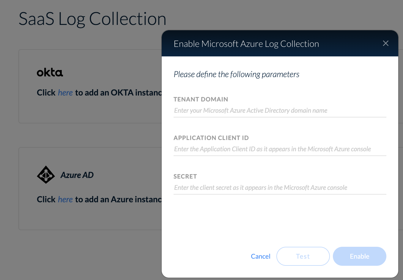 This screenshot shows the SaaS Log Collection View in Cortex XDR 2.4