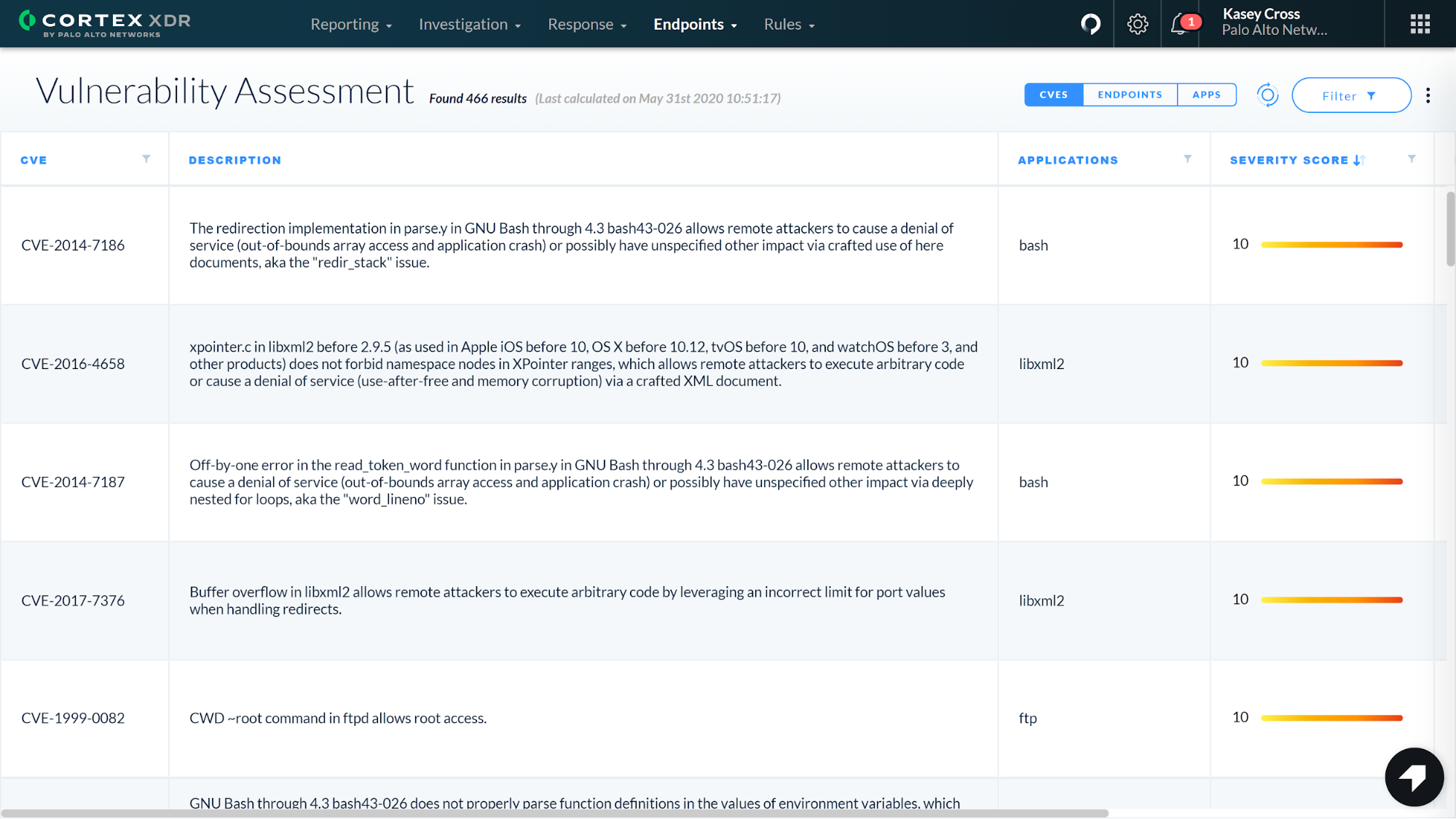 This screenshot shows the vulnerability assessment view in Cortex XDR 2.4