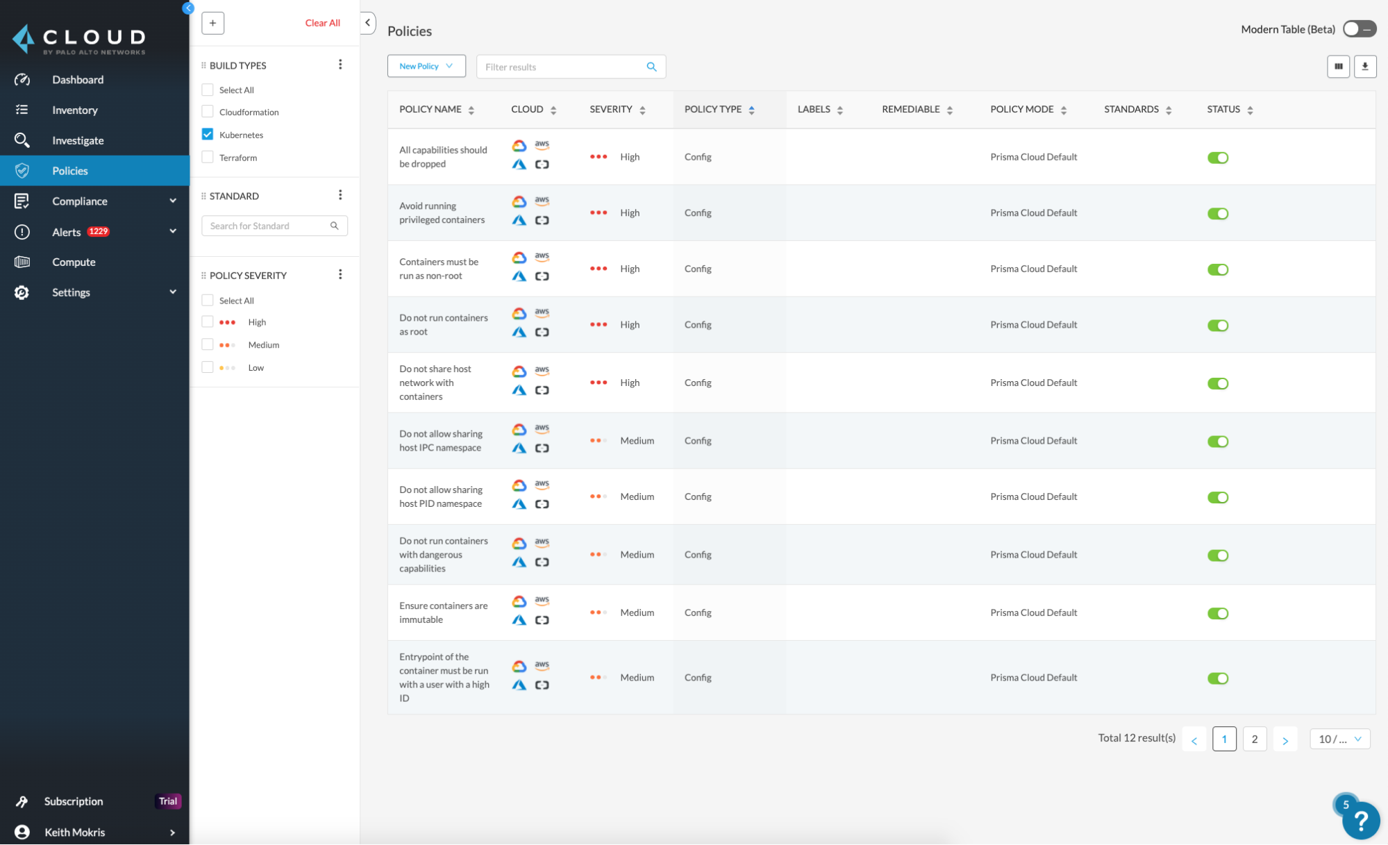 This screenshot shows an example of the Policy tab in Prisma Cloud, surfacing Kubernetes policies.