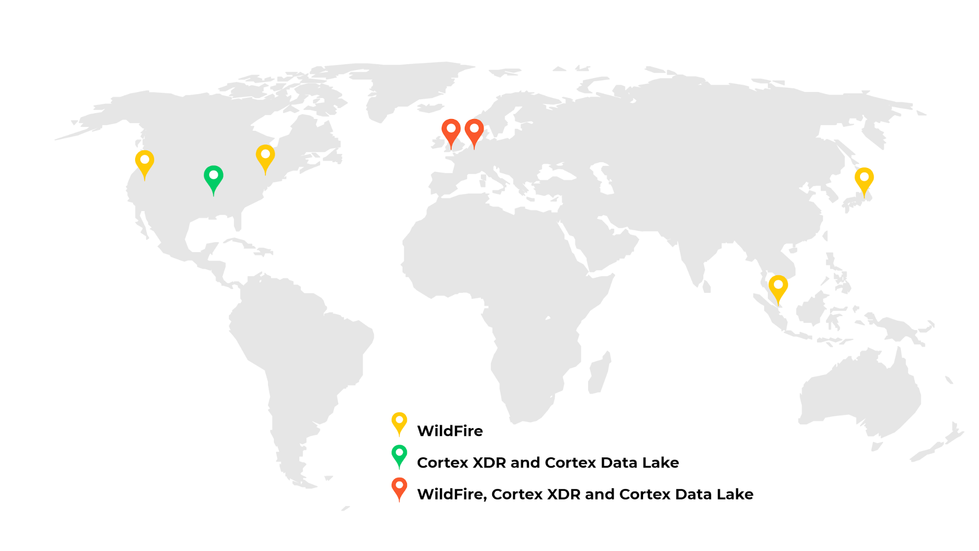 A new cloud hosting location in the UK augments locations in the United States, European Union and Asia. The map shows the locations of cloud hosting for WildFire, Cortex XDR and Cortex Data Lake.