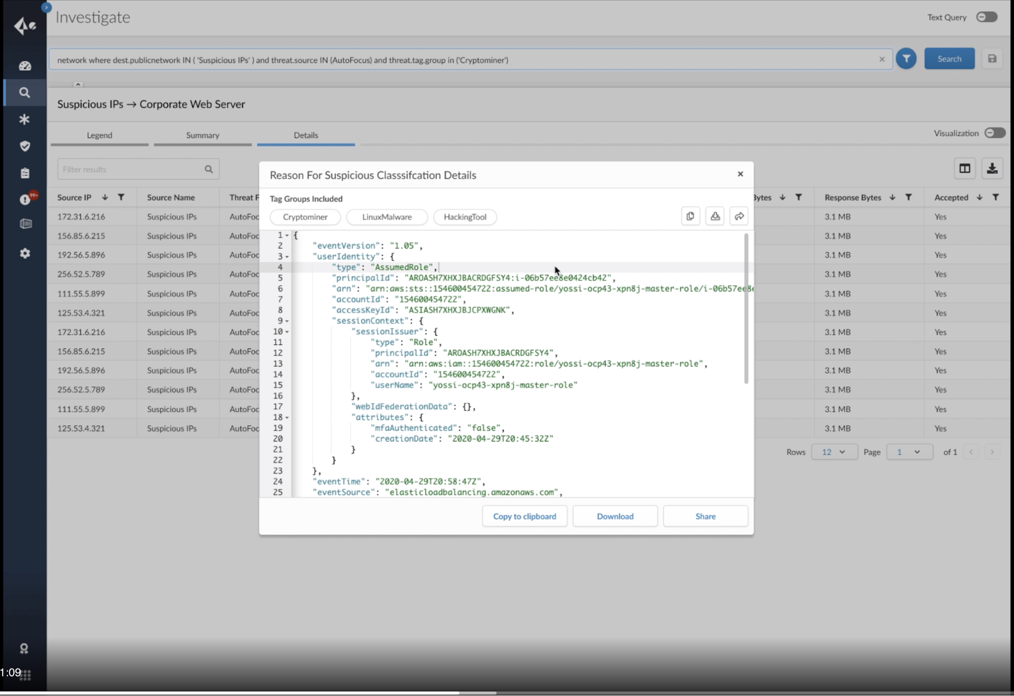 With the integration of AutoFocus, bringing threat intelligence to Prisma Cloud, users can obtain deep insight into any flagged suspicious IP connections, as shown in this screenshot. 