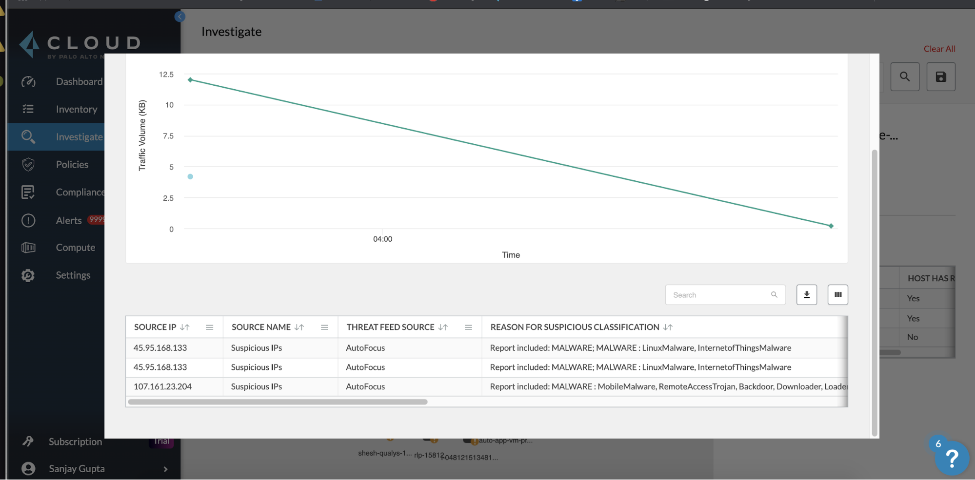 AutoFocus brings threat intelligence to Prisma Cloud in part by surfacing deep insight for a suspicious resource within a public cloud account, as shown in this screenshot of the AutoFocus threat feed in Prisma Cloud. 