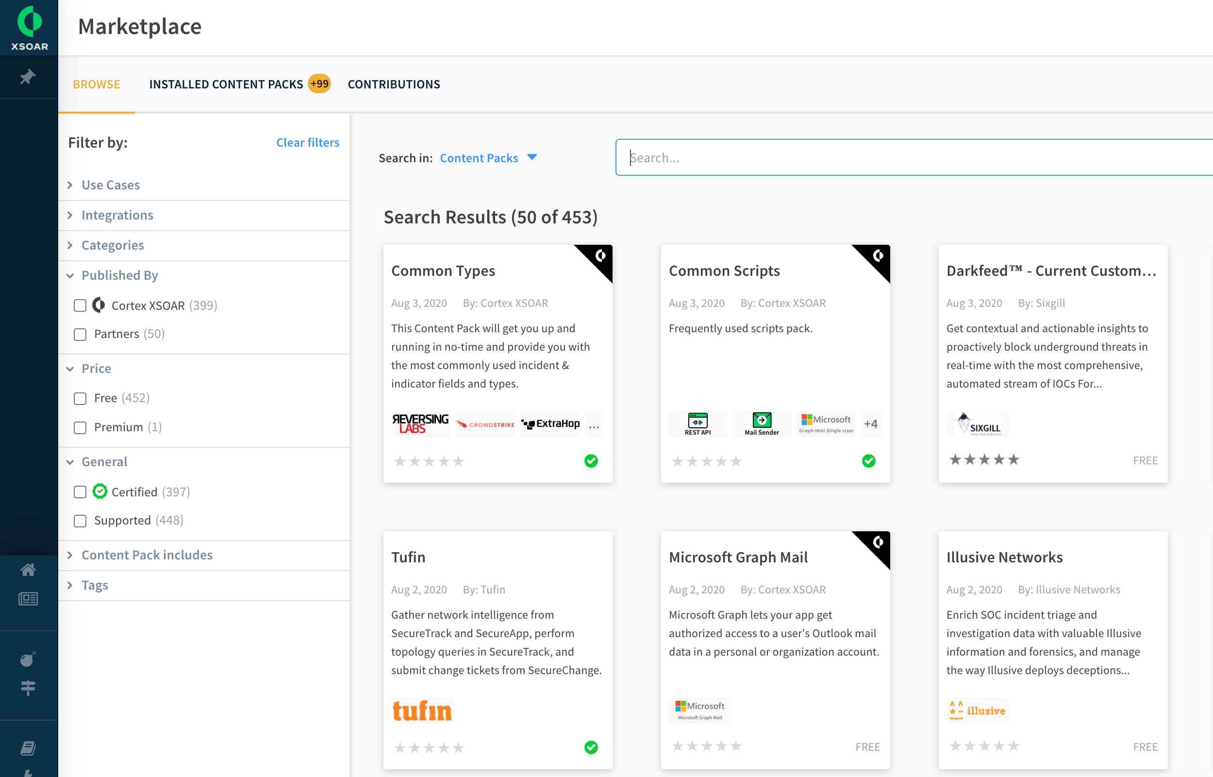 The Cortex XSOAR Marketplace allows you to discover and share content packs, as shown, contributed by vendors and security practitioners from the world's largest SOAR ecosystem. 