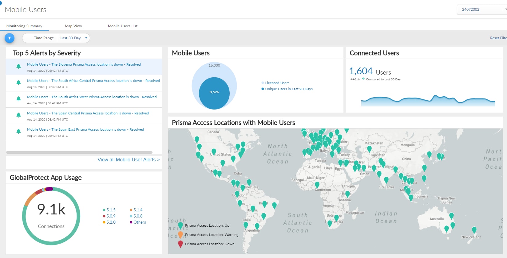 This screenshot shows an example of the view provided by Prisma Access Insights, a comprehensive service monitoring tool. This image includes a map showing Prisma Access locations with mobile users, a list of top 5 alerts by severity, and information on GlobalProtect App Usage.