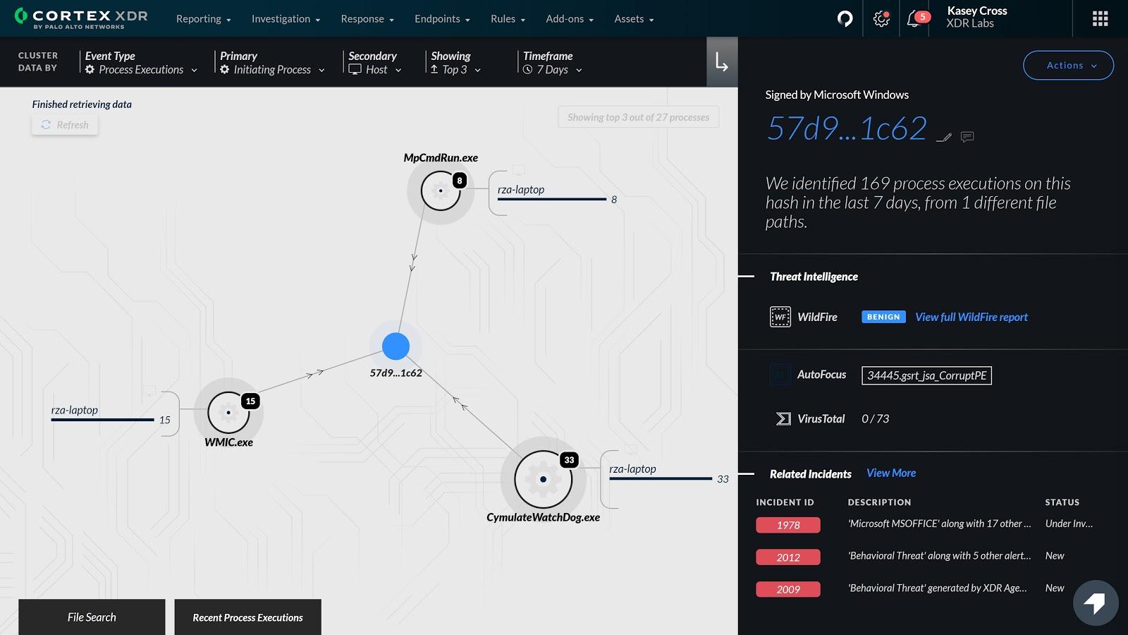 The screenshot shows an example of the enhanced Hash View in Cortex XDR 2.5.