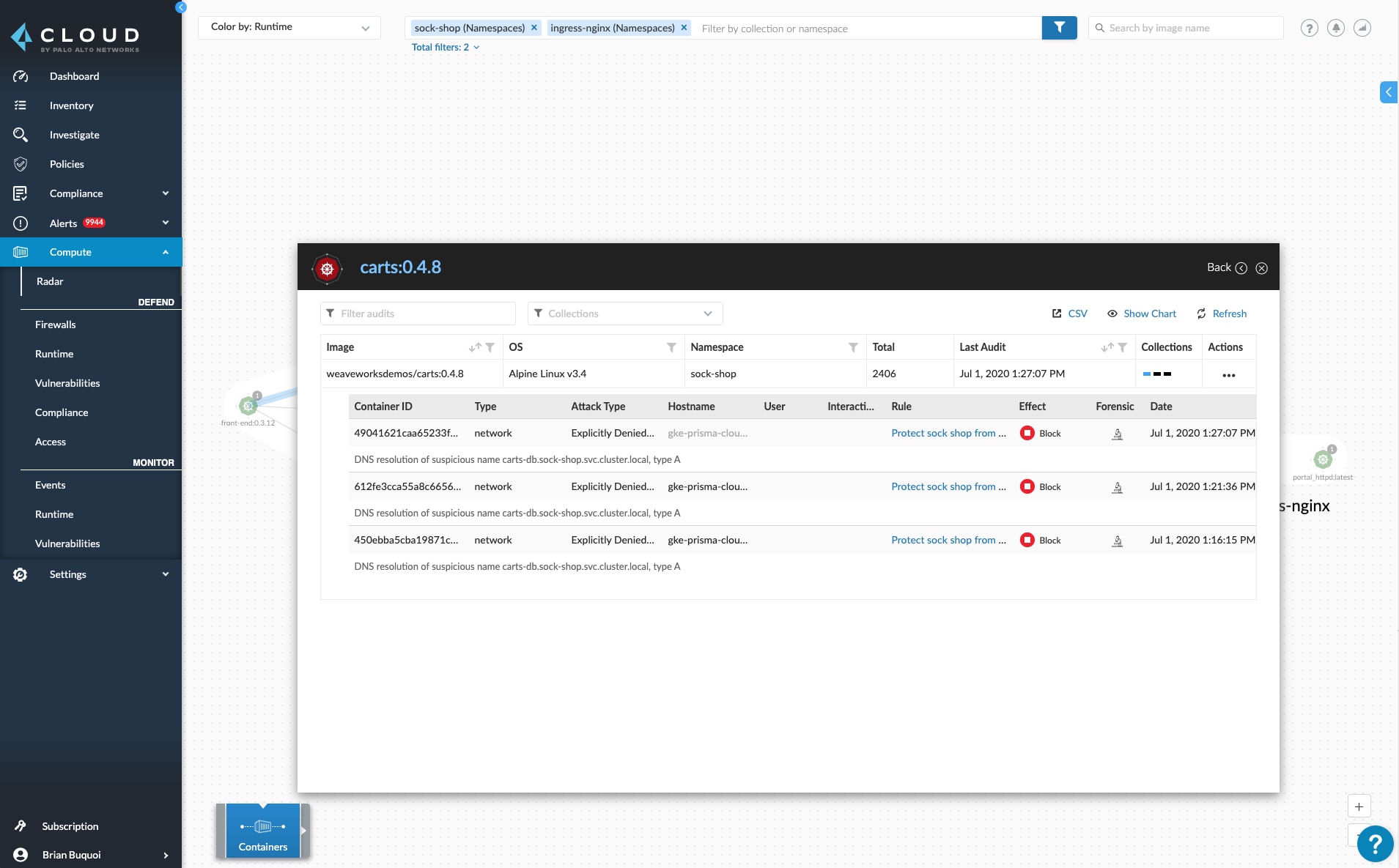 This screenshot of Prisma Cloud shows an example (carts:0.4.8) of a container runtime with blocked network activities. Runtime defense is a critical security point for cloud native Zero Trust. 