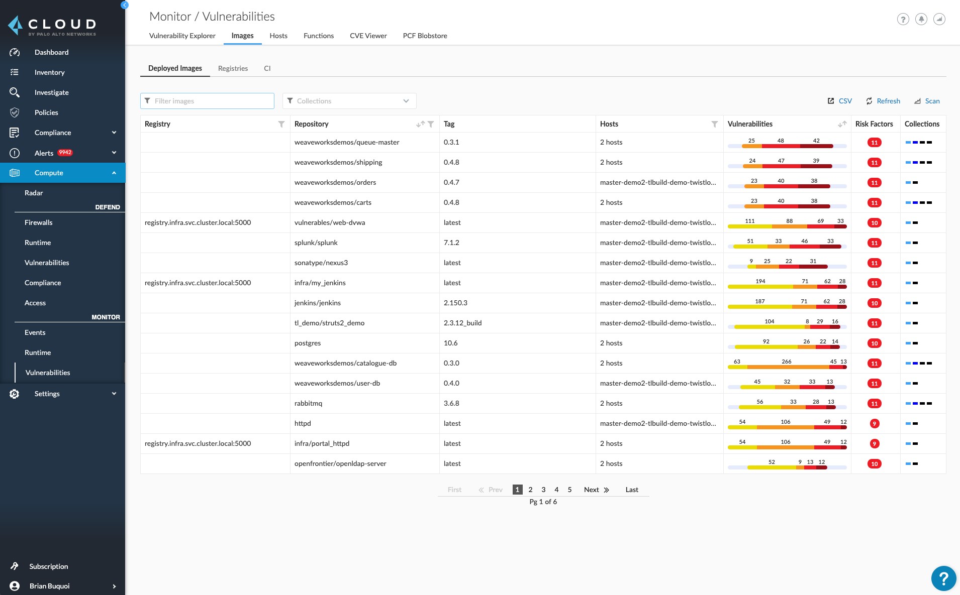 This screenshot of Prisma Cloud shows a monitor/vulnerabilities screen that displays information about container image vulnerability scanning