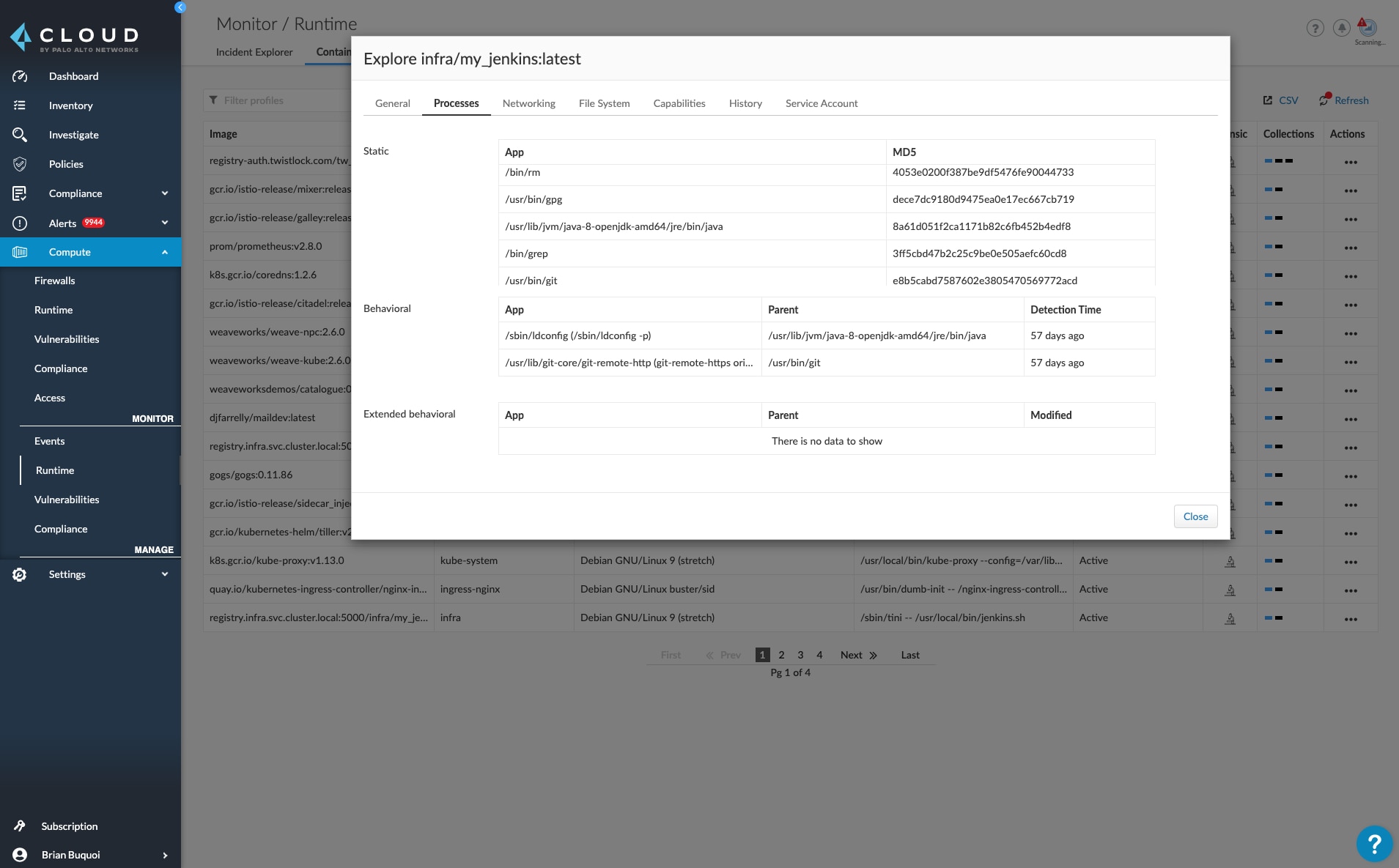 This screenshot of Prisma Cloud shows a window labeled "Explore infra/my.jenkins.latest" and presents an example of container runtime process modeling. 