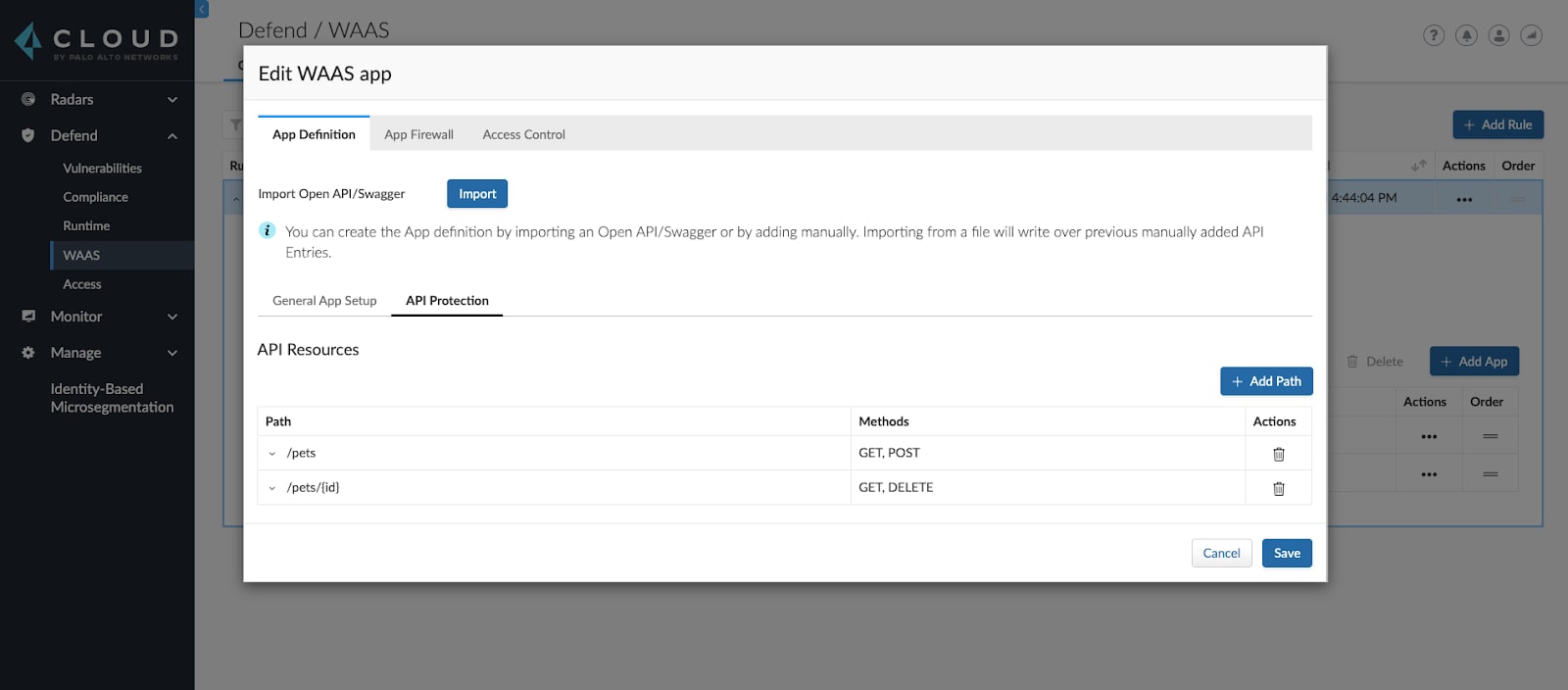 API protection configuration window in Prisma Cloud.