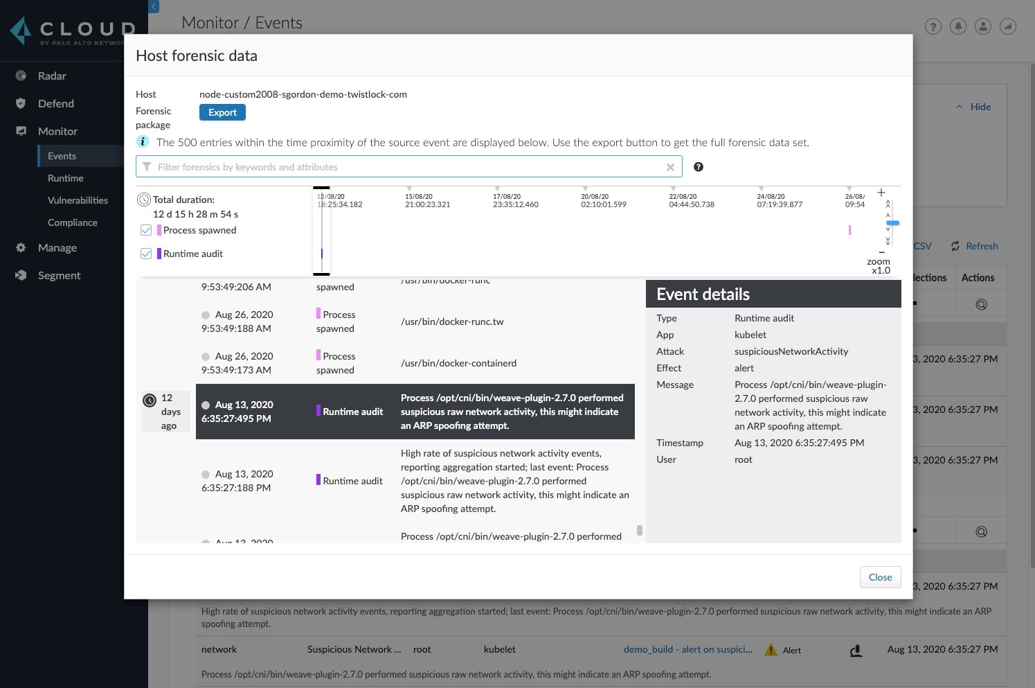 A timeline of Host forensics data in Prisma Cloud