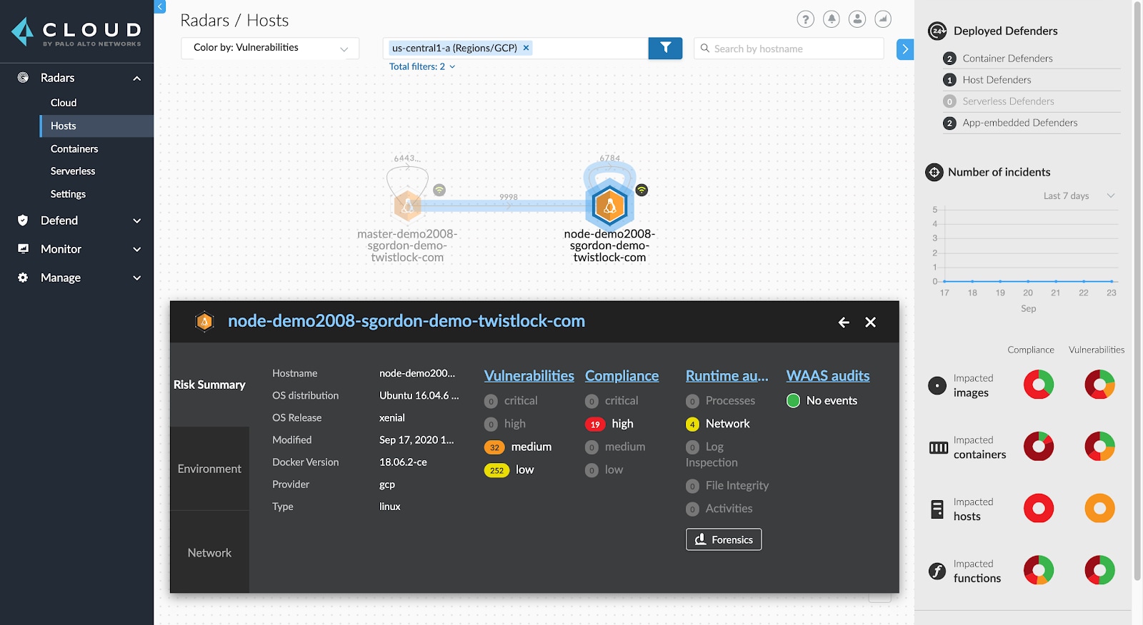 Radar view, highlighting network visibility combined with Vulnerability, Compliance, and Runtime status.