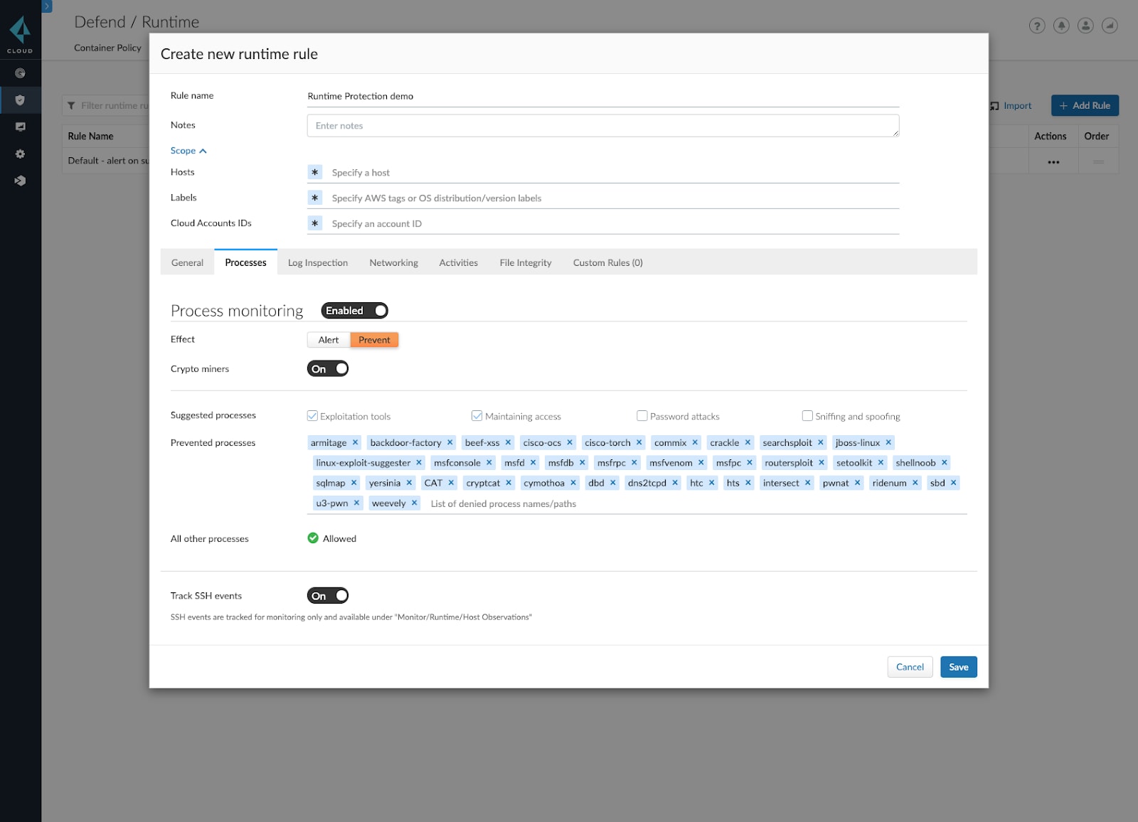 Creating Host Security runtime rules in Prisma Cloud.