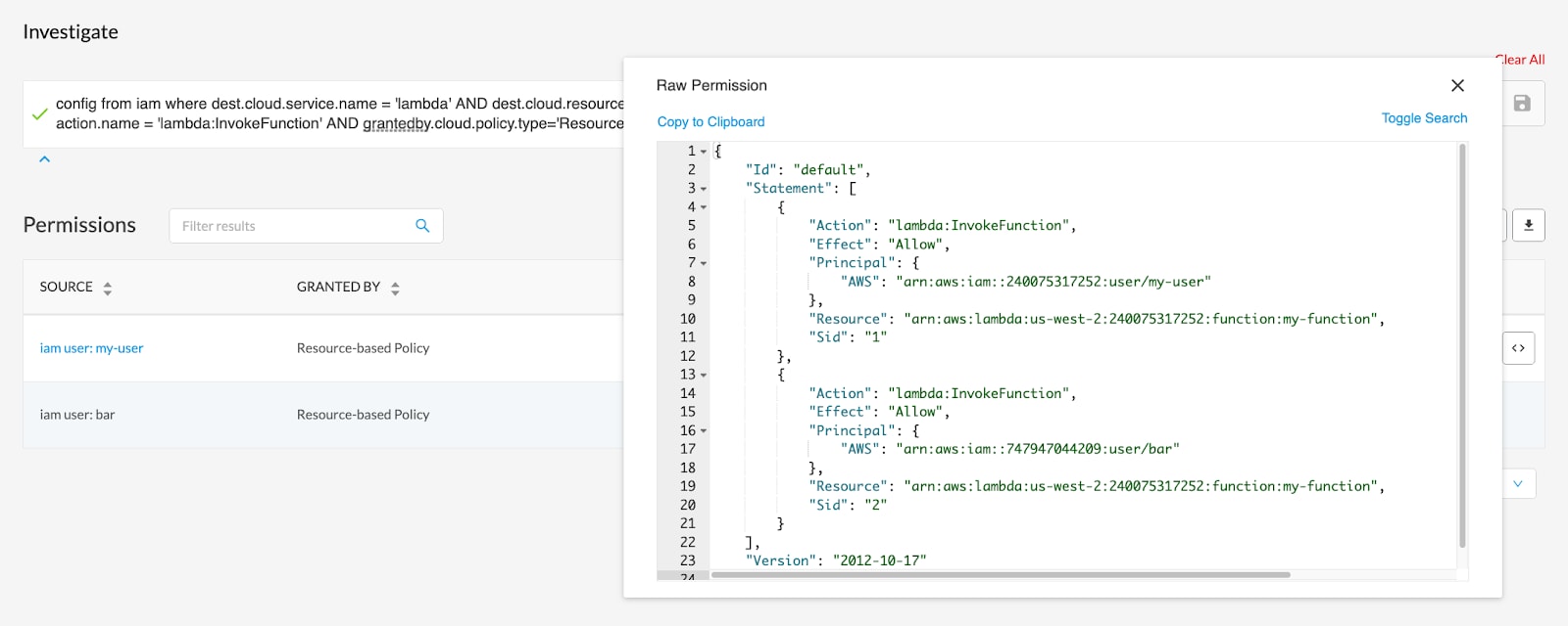 Results of an RQL-based entitlement investigation in the Prisma Cloud IAM Security module.