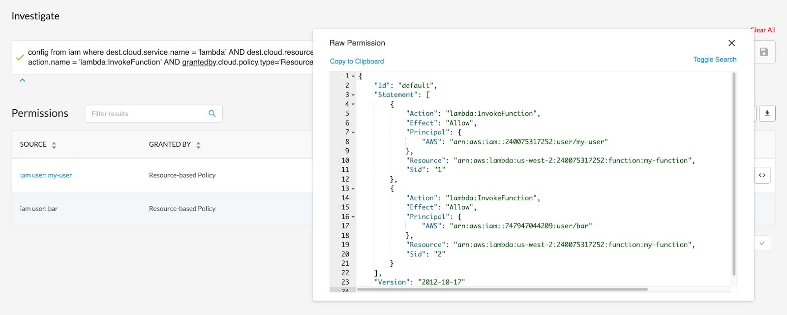 Results of an RQL-based entitlement investigation in the Prisma Cloud IAM Security module. 