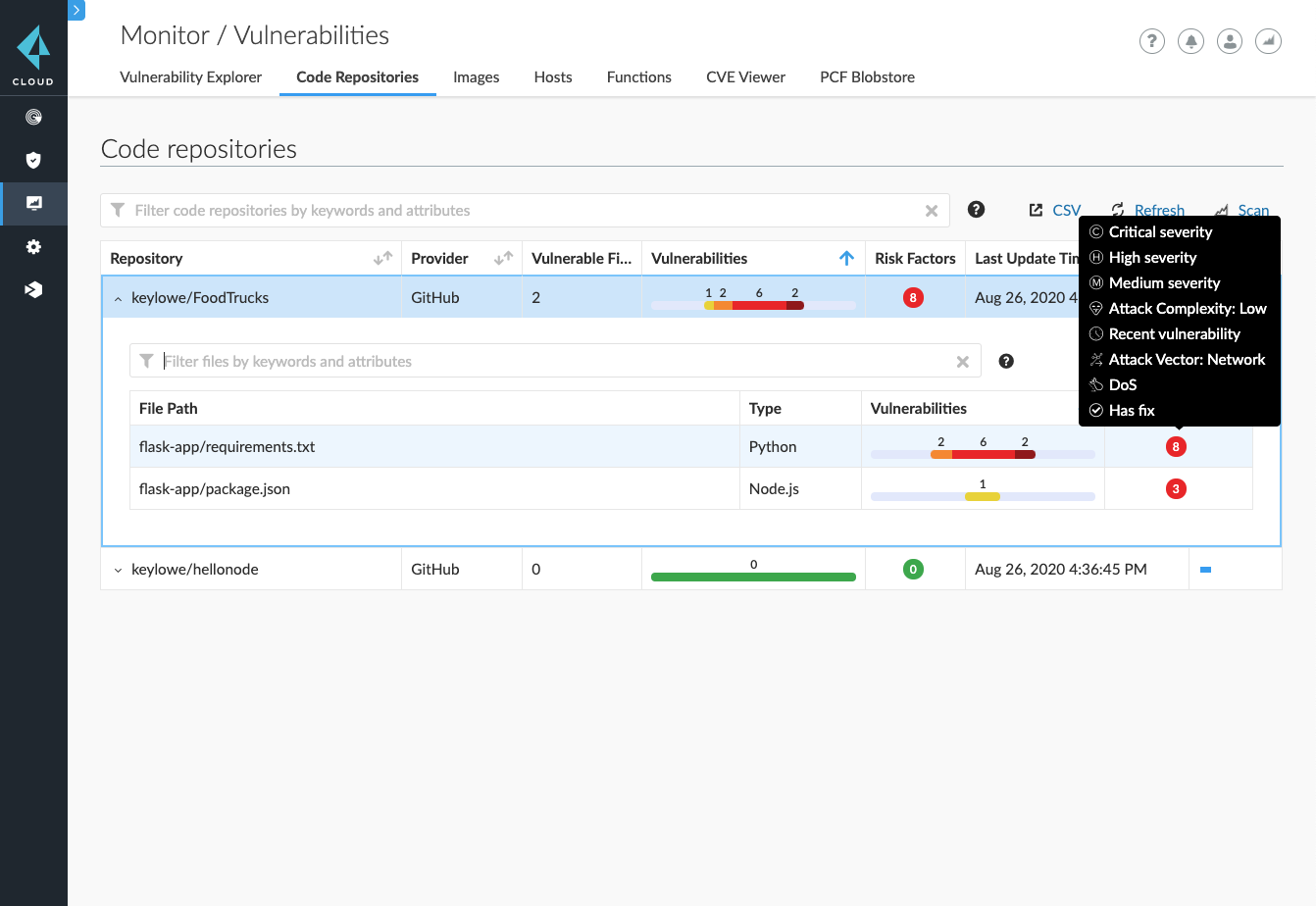  Code repository vulnerability alerts within Prisma Cloud