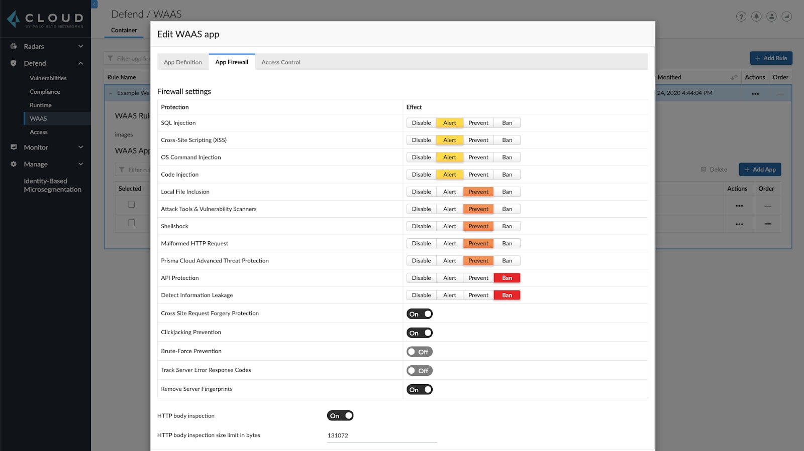 Web Application and API Security configuration screen in Prisma Cloud