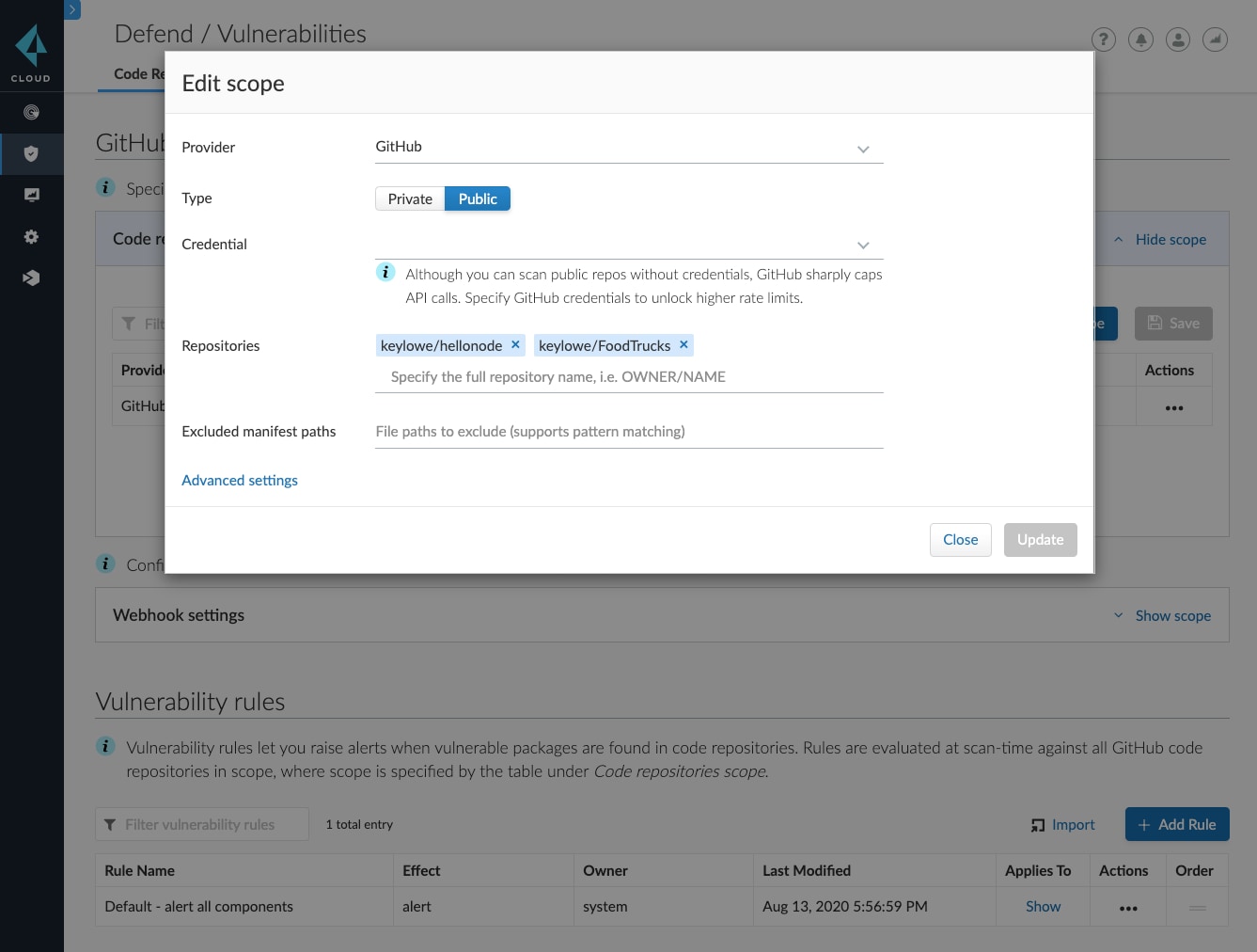Modifying vulnerability management policies in Prisma Cloud.