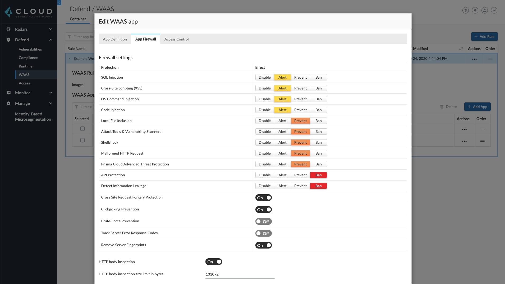 This screenshot shows an example of configuring Web Application and API Security in Prisma Cloud 2.0. The example screen features options for App Detection, App Firewall and Access Content